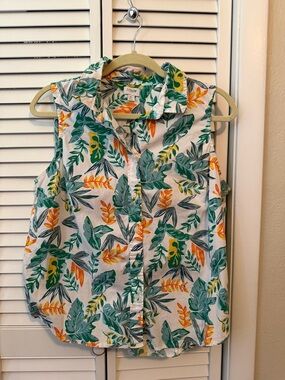 J. Crew Sleeveless Tropical Leaf Print Shirt in Green, Yellow & Orange
